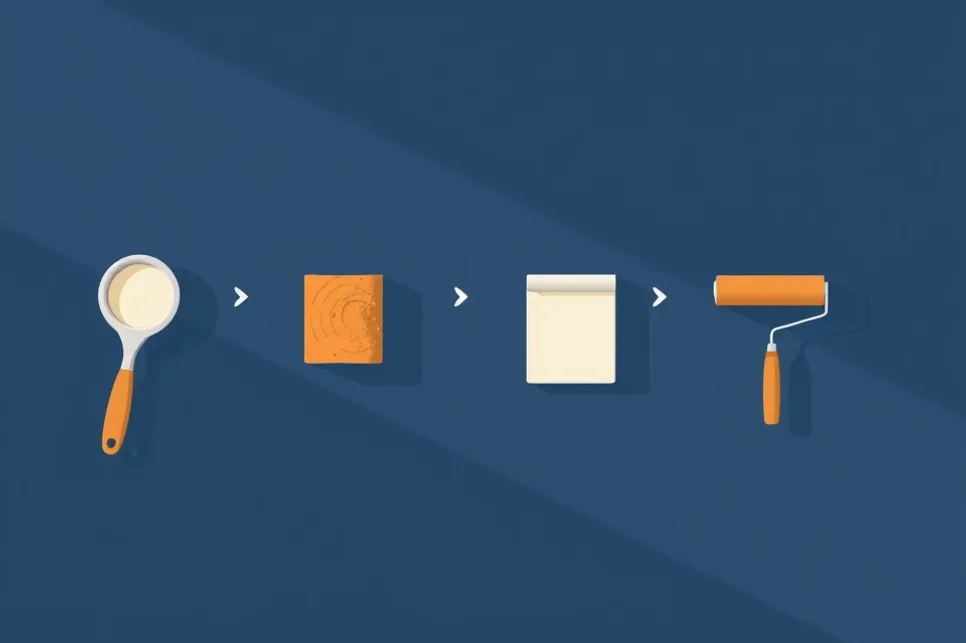 Outils de peinture disposés dans l'ordre des étapes du chantier