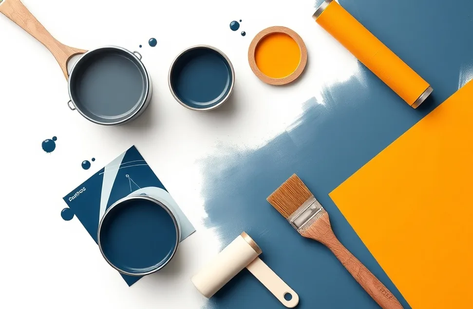 Pots de peinture, nuancier, brosses et rouleaux disposés à plat