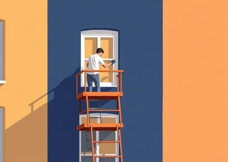 Peintre sur échafaudage traitant la façade d'une maison