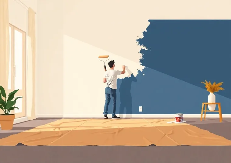Peintre appliquant la peinture au rouleau sur un mur de salon